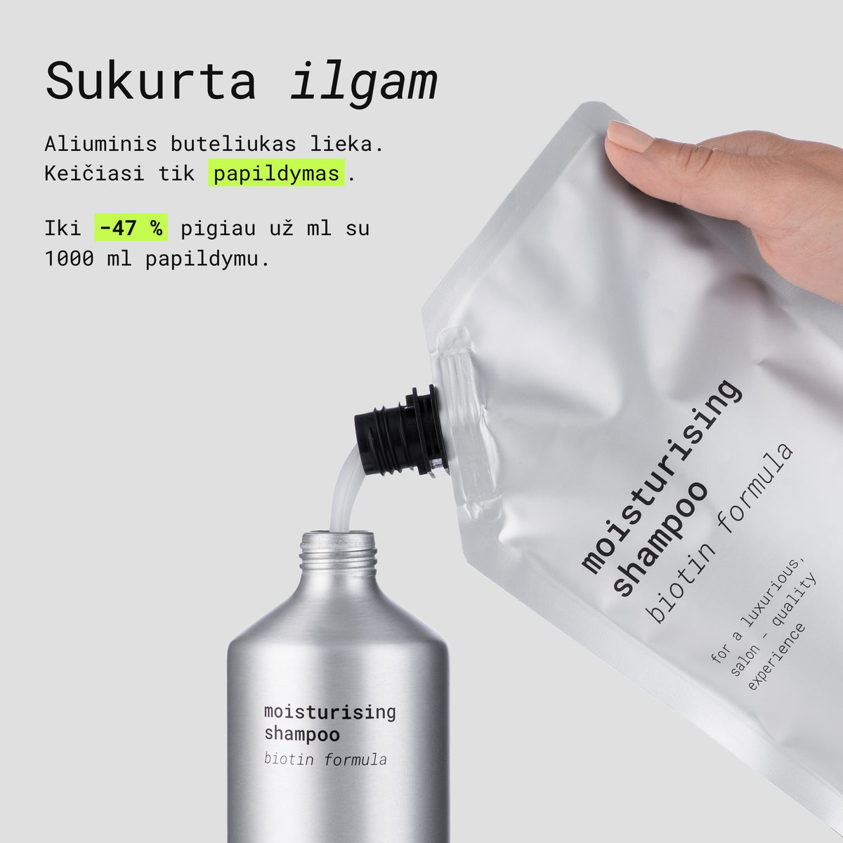 Cosmarii aliuminis buteliukas ir papildymas (refill)